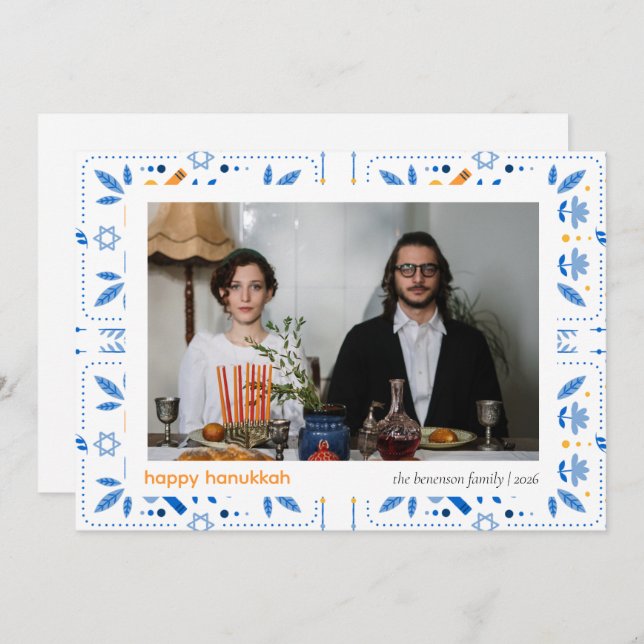 Cartão De Festividades Elegante Blue Happy Hanukkah Family 1 Foto (Frente/Verso)