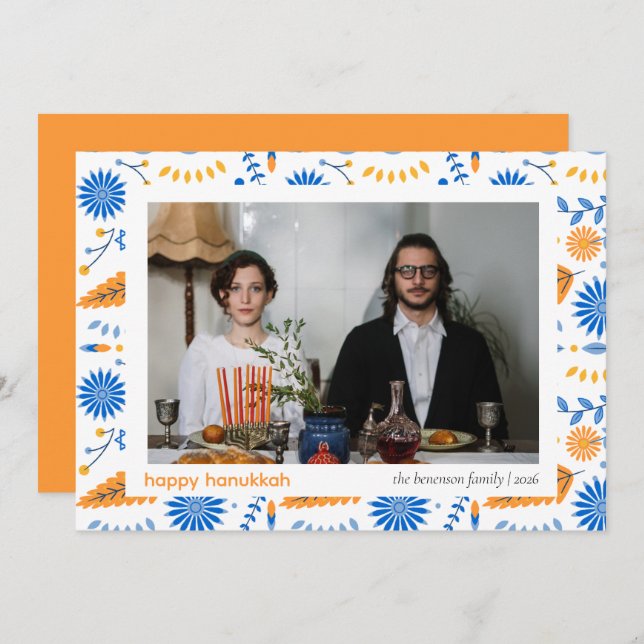 Cartão De Festividades Elegante Blue Happy Hanukkah Family 1 Foto (Frente/Verso)