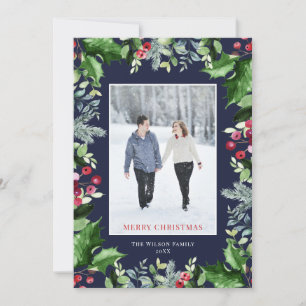 Cartão De Festividades Elegante Blue Merry Photo Greenery