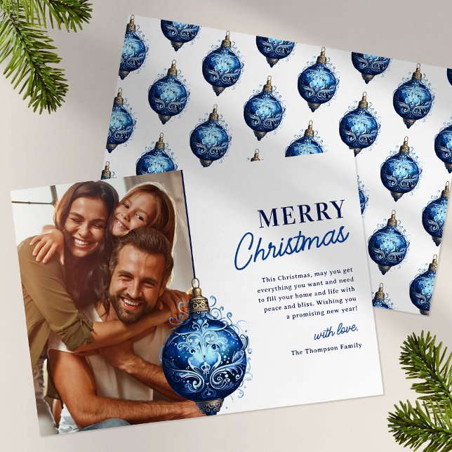 Cartão De Festividades Elegante Blue Ornament Photo Christmas (Criador carregado)
