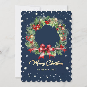 Cartão De Festividades Elegante Blue Pine Wreath Foto Feliz Natal
