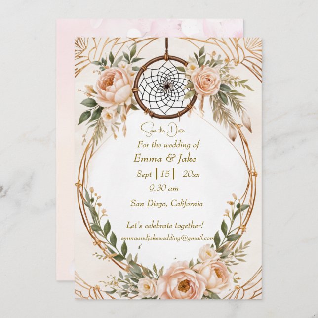 Cartão De Festividades Elegante Boho Dreamcatcher Floral Salvar Carro Dat (Frente/Verso)