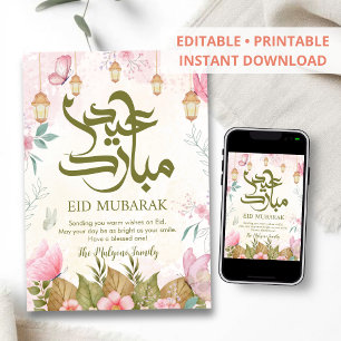 Cartão De Festividades Elegante Borboletas Florais em Aquarela Eid Mubara