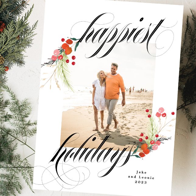 Cartão De Festividades Elegante Botânico Merriest Christmas One Photo (Criador carregado)