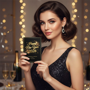 Cartão De Festividades Elegante Brilho Preto e Dourado Feliz Ano Novo 202