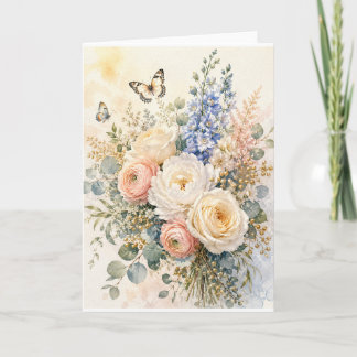 Cartão De Festividades Elegante Buquê de Flores Silvestres em Aquarela