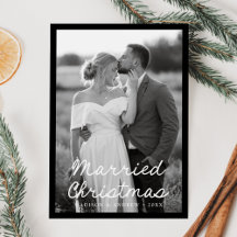 Elegante Carta de Natal Casados Script Preto 2 Fot