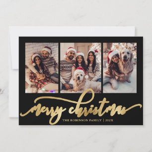 Cartão De Festividades Elegante Colagem de 3 Fotos Natal Preto e Dourado