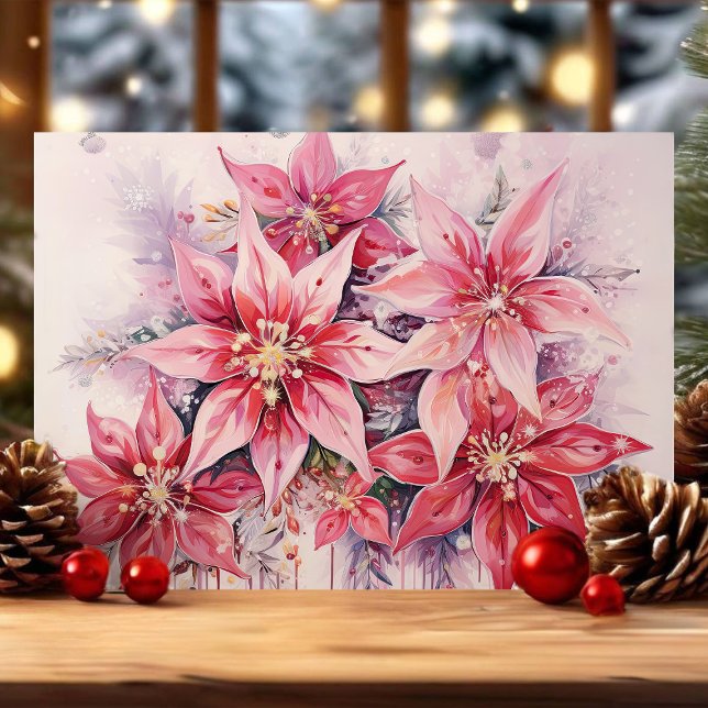Cartão De Festividades Elegante Cor de Água Rosa Poinsettia Natal (Criador carregado)
