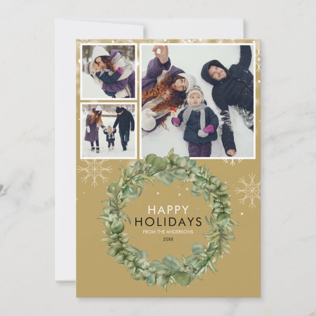 Cartão De Festividades Elegante Coroa de Natal em Dourado com 3 Fotos e F (Frente)