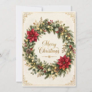 Cartão De Festividades Elegante Coroa de Natal Folha Dourada Aquarela Hol