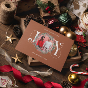 Cartão De Festividades Elegante Coroa de Natal JOY Folhas Bagas Foto