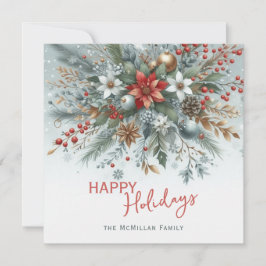 Cartão De Festividades Elegante Coroa Floral Vermelha Escura Azul Teal Ve