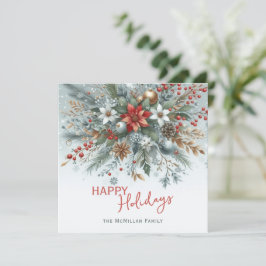 Cartão De Festividades Elegante Coroa Floral Vermelha Escura Azul Teal Ve