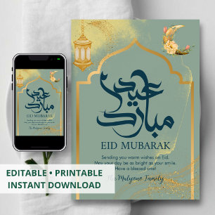 Cartão De Festividades Elegante Crescente Floral e Lanterna Dourada Eid M