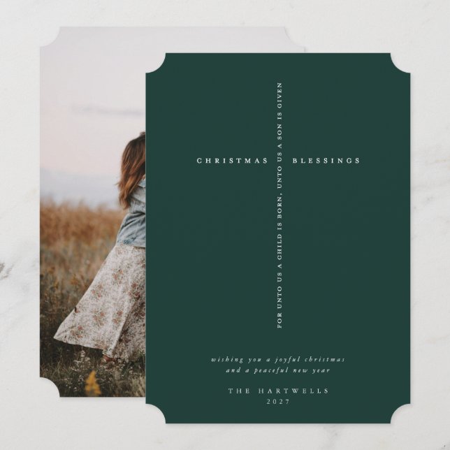 Cartão De Festividades Elegante Cruz de Escritura Verde Escura Foto (Frente/Verso)