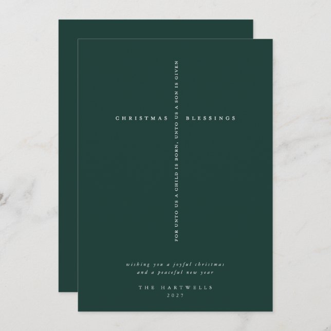 Cartão De Festividades Elegante Cruz Escrita em Verde Escuro (Frente/Verso)