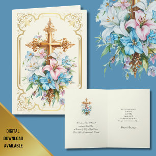 Cartão De Festividades Elegante Cruz Religiosa de Páscoa em Ouro com Líri