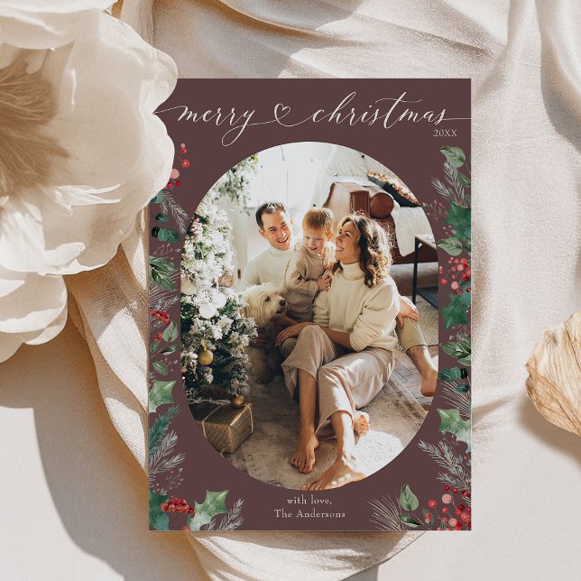 Cartão De Festividades Elegante Dark Mauve Feliz Foto de Natal (Criador carregado)