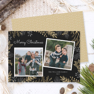 Cartão De Festividades Elegante Dourado Verde 2 Fotos Feliz Natal