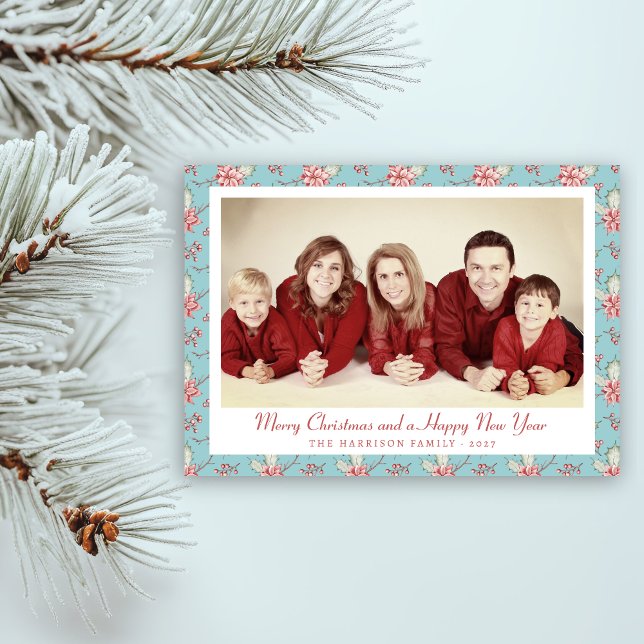 Cartão De Festividades Elegante Duck Egg Blue Holly Foto (elegat duck egg blue holly photo holiday card)