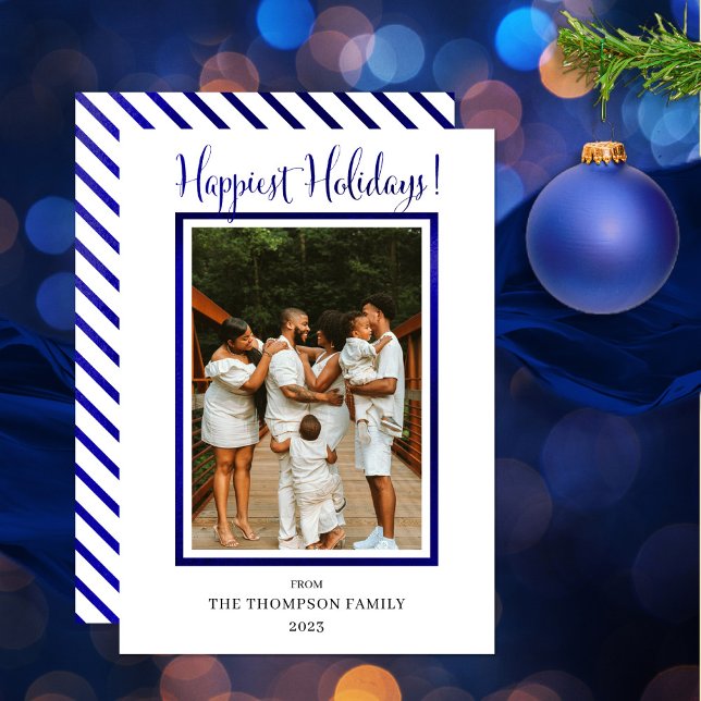 Cartão De Festividades Elegante e sofisticado desenho de foto com folha d (Wish your friends and family "Happiest Holidays" with this royal blue photo design!)