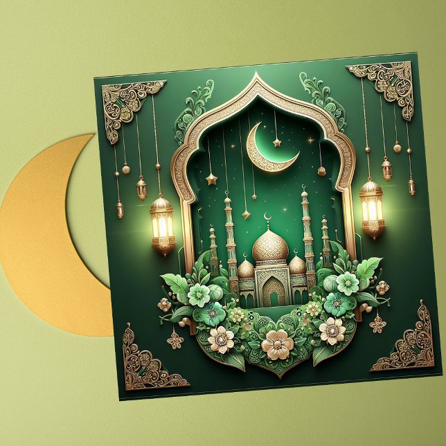 Cartão De Festividades Elegante Eid Mubarak Crescent Mesquita Floral Verd (Criador carregado)