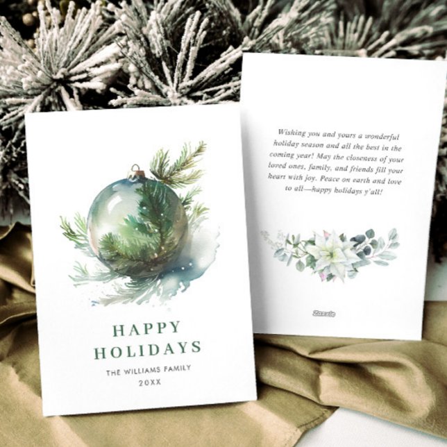 Cartão De Festividades Elegante Enfeite de Natal em Aquarela Saudação (Criador carregado)