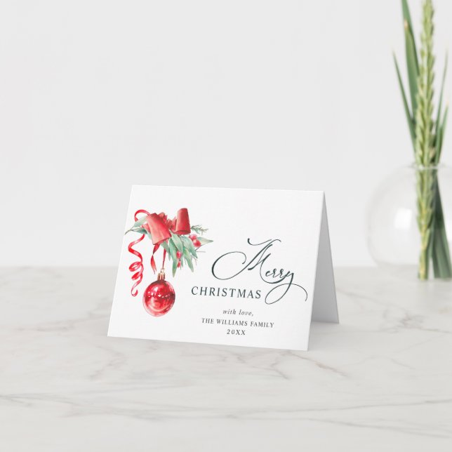 Cartão De Festividades Elegante Enfeite Vermelho Feliz Natal Saudação (Frente)