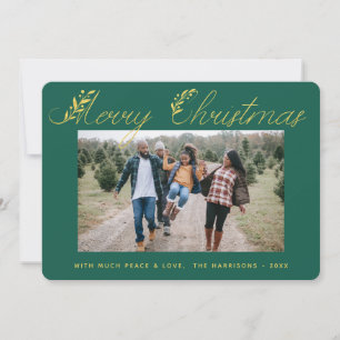 Cartão De Festividades Elegante Família Foto Natal Verde Script Dourado