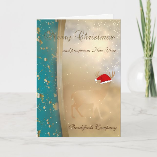 Cartão De Festividades Elegante Faux Dourado de Natal Deer Santa Hat, Com (Frente)