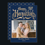 Cartão De Festividades Elegante Feliz Marinho Hanukkah Foto Azul e Dourad<br><div class="desc">Cartão de Férias Azul e Dourado do Marinho Hanukkah Feliz Elegante</div>