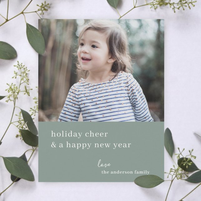 Cartão De Festividades Elegante Feliz Natal | Cinza Verde Fotografia (Personalize your holiday photo card for a simple sophisticated look)