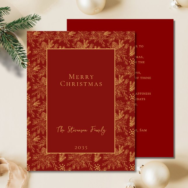 Cartão De Festividades Elegante Feliz Natal Ouro Vermelho Poinsettia Pine (Criador carregado)