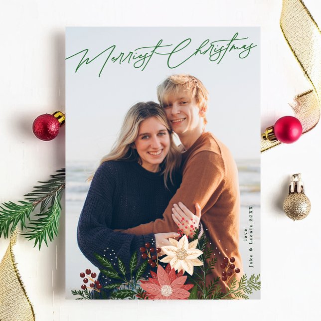 Cartão De Festividades Elegante Feliz Natal Poinsettia Foto Festiva (Criador carregado)