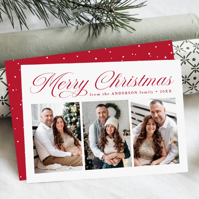 Cartão De Festividades Elegante Feliz Natal Vermelho Caligrafia 3 Foto (Criador carregado)
