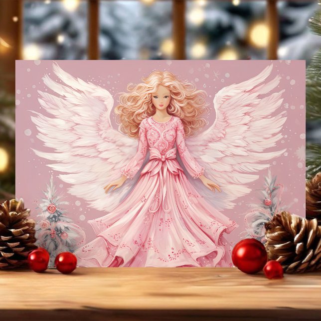 Cartão De Festividades Elegante Festivo Rosa Angel Christmas (Criador carregado)
