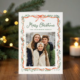 Cartão De Festividades Elegante Fita Vermelha e Creme Verde