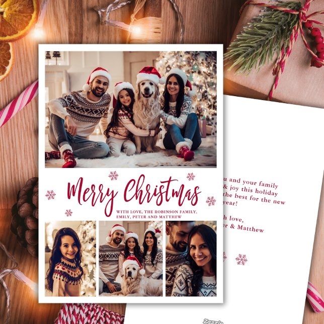 Cartão De Festividades Elegante Floco de Neve em Script Vermelho 4 Fotos  (Criador carregado)