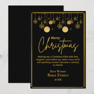 Cartão De Festividades Elegante Floco de Neve Preto e Dourado Feliz Natal