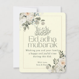 Cartão De Festividades Elegante Floral Branco e Rosa Eid Adha Mubarak