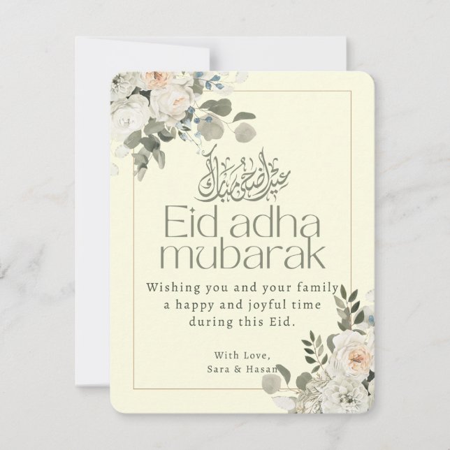 Cartão De Festividades Elegante Floral Branco e Rosa Eid Adha Mubarak (Frente)