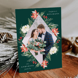 Cartão De Festividades Elegante Floral de Inverno Verde Quadro Geométrico