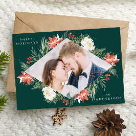 Cartão De Festividades Elegante Floral de Inverno Verde Quadro Geométrico