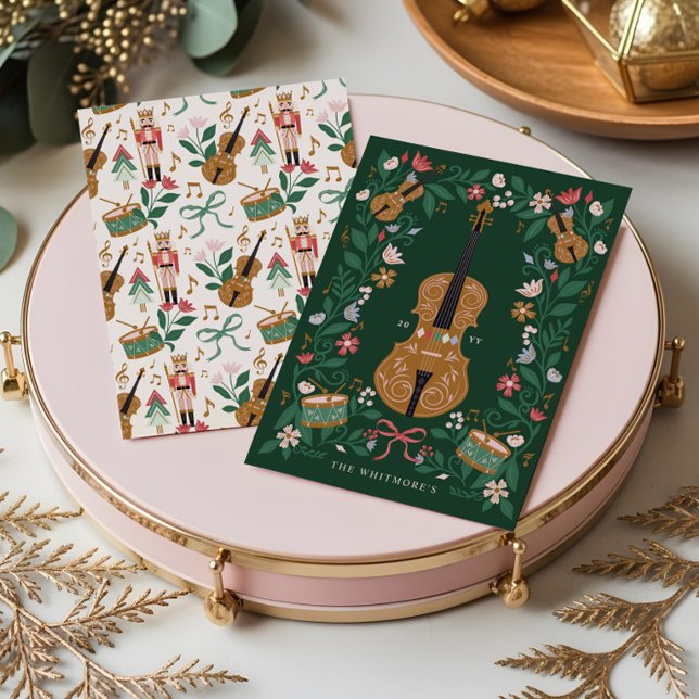 Cartão De Festividades Elegante Floral de Natal, Balé Violino (Elegant Floral Christmas Nutcracker Ballet Violin Holiday Card)