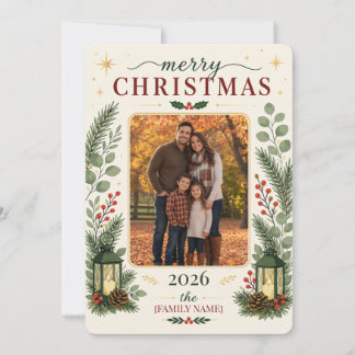 Cartão De Festividades Elegante Foto de Natal Botânico para Família Feliz