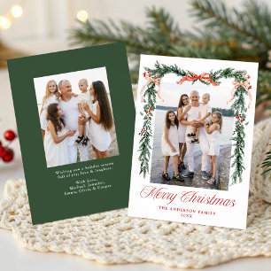 Cartão De Festividades Elegante Foto de Natal com Fita Vermelha e Folhage