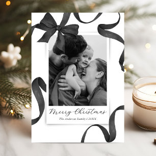 Cartão De Festividades Elegante Foto de Natal com Laço Preto e Branco
