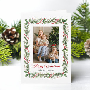 Cartão De Festividades Elegante Foto de Natal com Verde e Fita