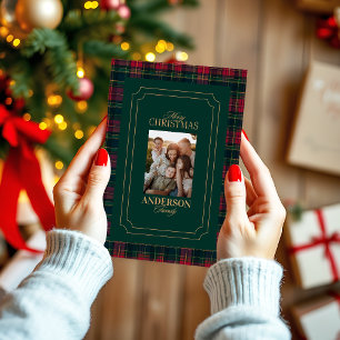 Cartão De Festividades Elegante Foto de Natal da Família com Xadrez Tarta